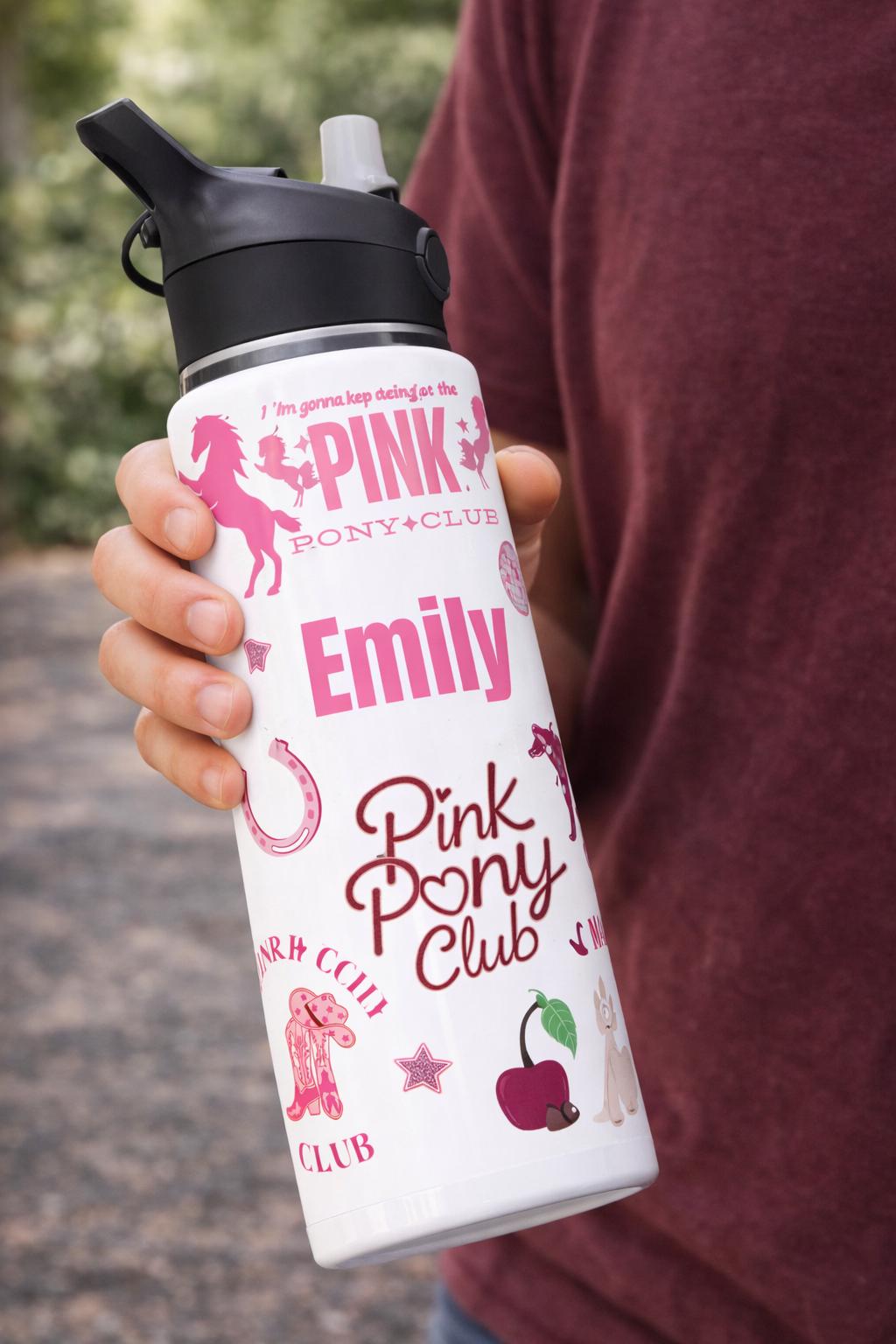 Personalised Pink Pony Water Bottle 650ml, Custom Name Cowgirl Bottle