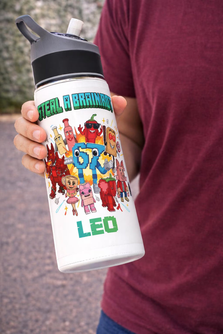 Personalised Brain Rot Water Bottle 650ml, Custom Name Steel Bottle, Funny Meme Bottle