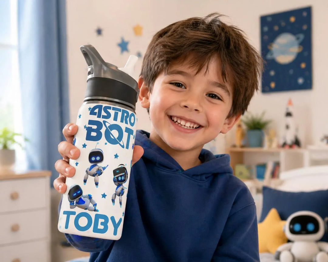 Astrobot Water Bottle | Cute Space Robot Bottle | Sci-Fi Drinkware | Reusable Kids Bottle | Cosmic Gift for Space Lovers
