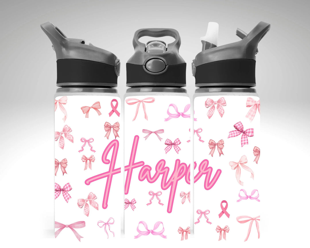 Personalised Pink Bow Water Bottle, Custom Name Kids Water Bottle, Cute Coquette Bottle, Girly Pink Ribbon Tumbler, Back to School Gift