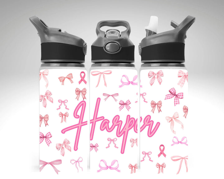 Personalised Pink Bow Water Bottle, Custom Name Kids Water Bottle, Cute Coquette Bottle, Girly Pink Ribbon Tumbler, Back to School Gift