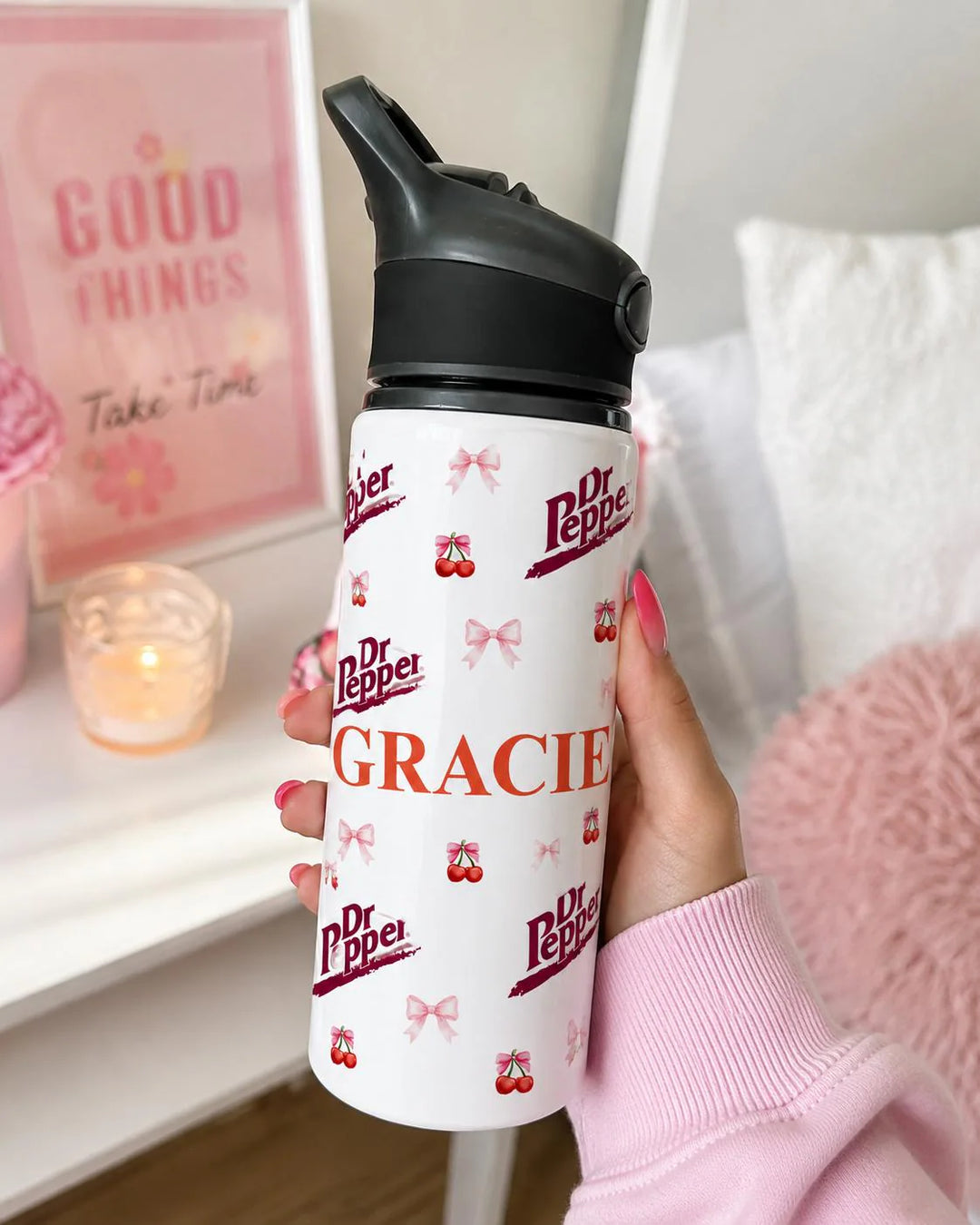 Custom Dr Pepper Inspired Water Bottle with Name, Cherry Bow Aesthetic Bottle, Personalised Girls Drink Bottle, Cute Coquette Cup