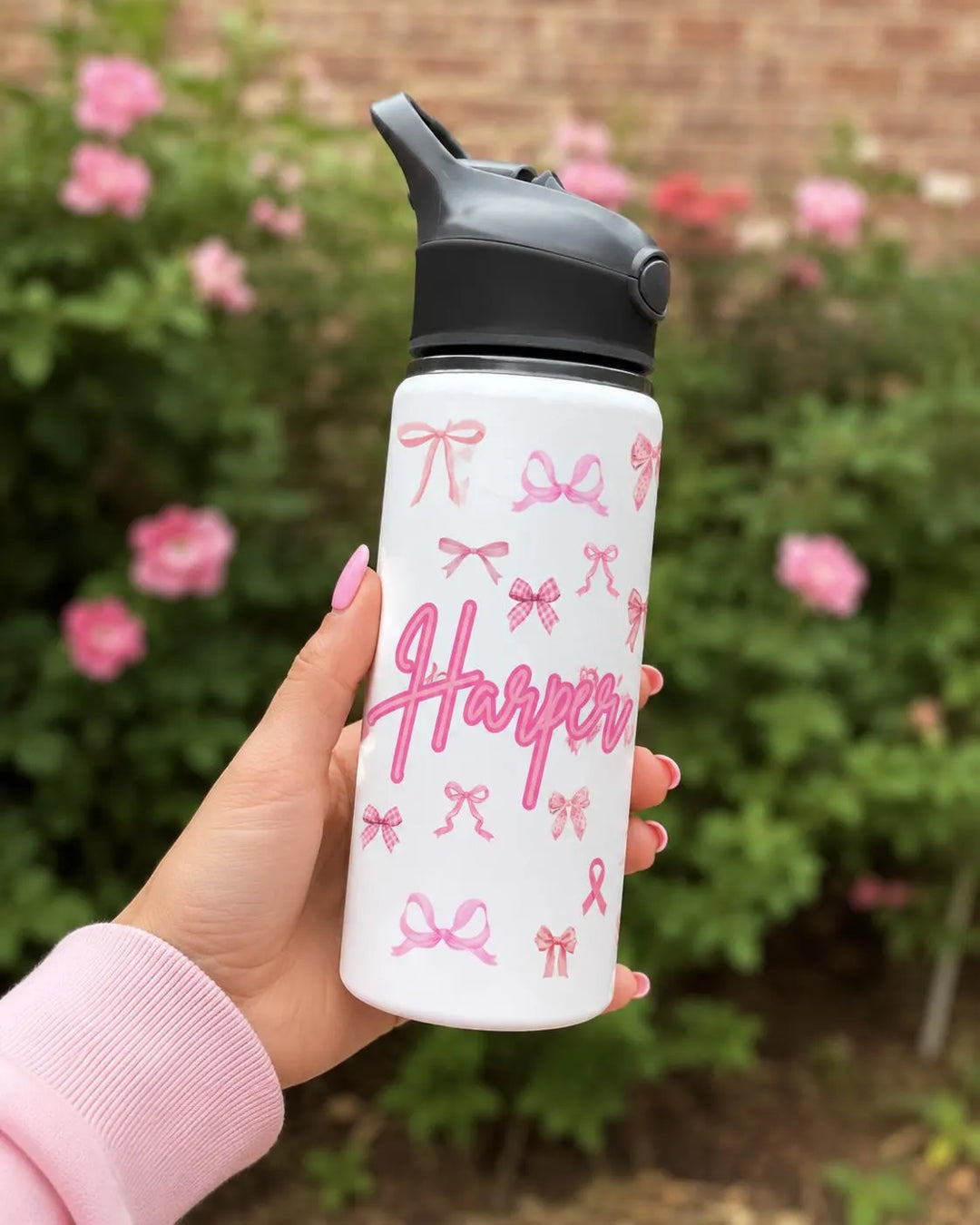 Personalised Pink Bow Water Bottle, Custom Name Kids Water Bottle, Cute Coquette Bottle, Girly Pink Ribbon Tumbler, Back to School Gift