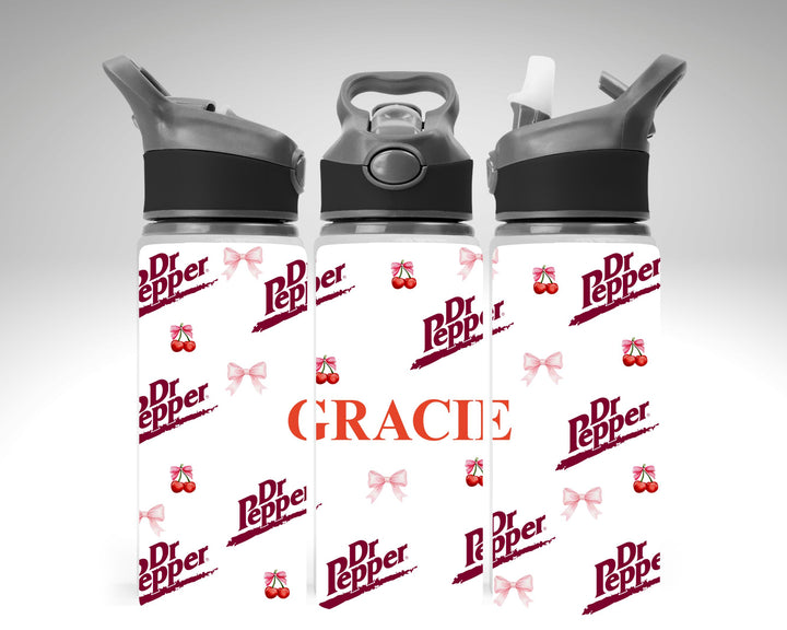 Custom Dr Pepper Inspired Water Bottle with Name, Cherry Bow Aesthetic Bottle, Personalised Girls Drink Bottle, Cute Coquette Cup