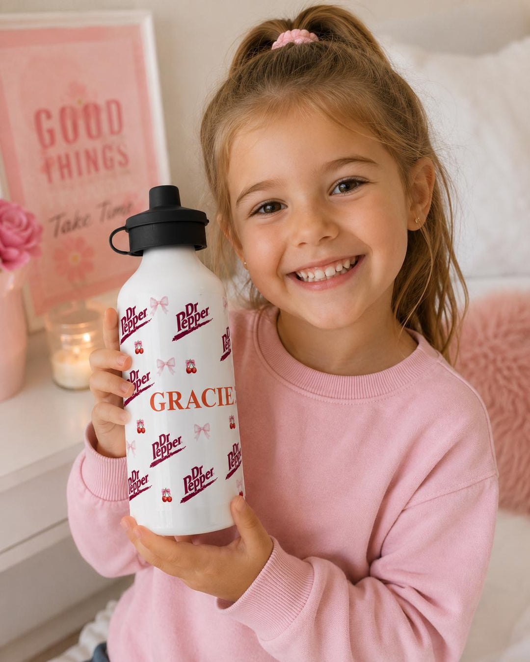 Custom Dr Pepper Inspired Water Bottle with Name, Cherry Bow Aesthetic Bottle, Personalised Girls Drink Bottle, Cute Coquette Cup 500ML