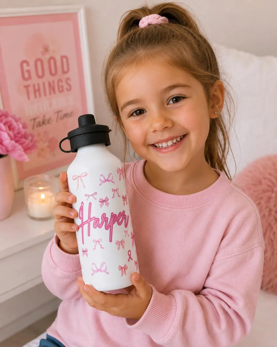 Personalised Pink Bow Water Bottle, Custom Name Kids Water Bottle, Cute Coquette Bottle, Girly Pink Ribbon Tumbler, Back to School Gift