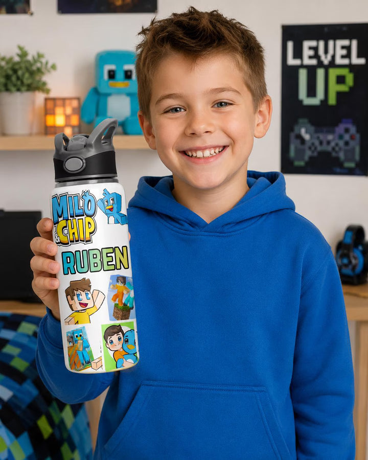 Personalised Milo & Chip Inspired Water Bottle | Custom Kids Gaming Bottle | Cartoon Character Bottle