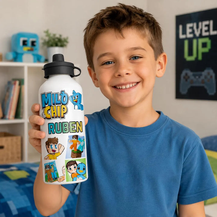 Personalised Milo & Chip Inspired Water Bottle | Custom Kids Gaming Bottle | Cartoon Character Bottle