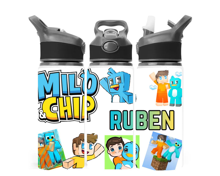 Personalised Milo & Chip Inspired Water Bottle | Custom Kids Gaming Bottle | Cartoon Character Bottle