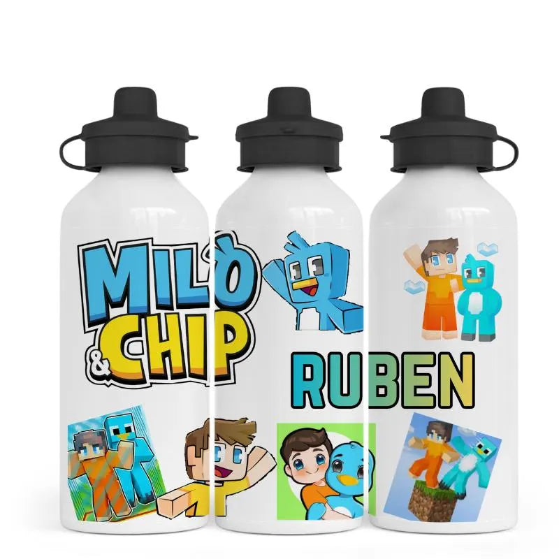 Personalised Milo & Chip Inspired Water Bottle | Custom Kids Gaming Bottle | Cartoon Character Bottle