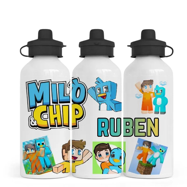 Personalised Milo & Chip Inspired Water Bottle | Custom Kids Gaming Bottle | Cartoon Character Bottle