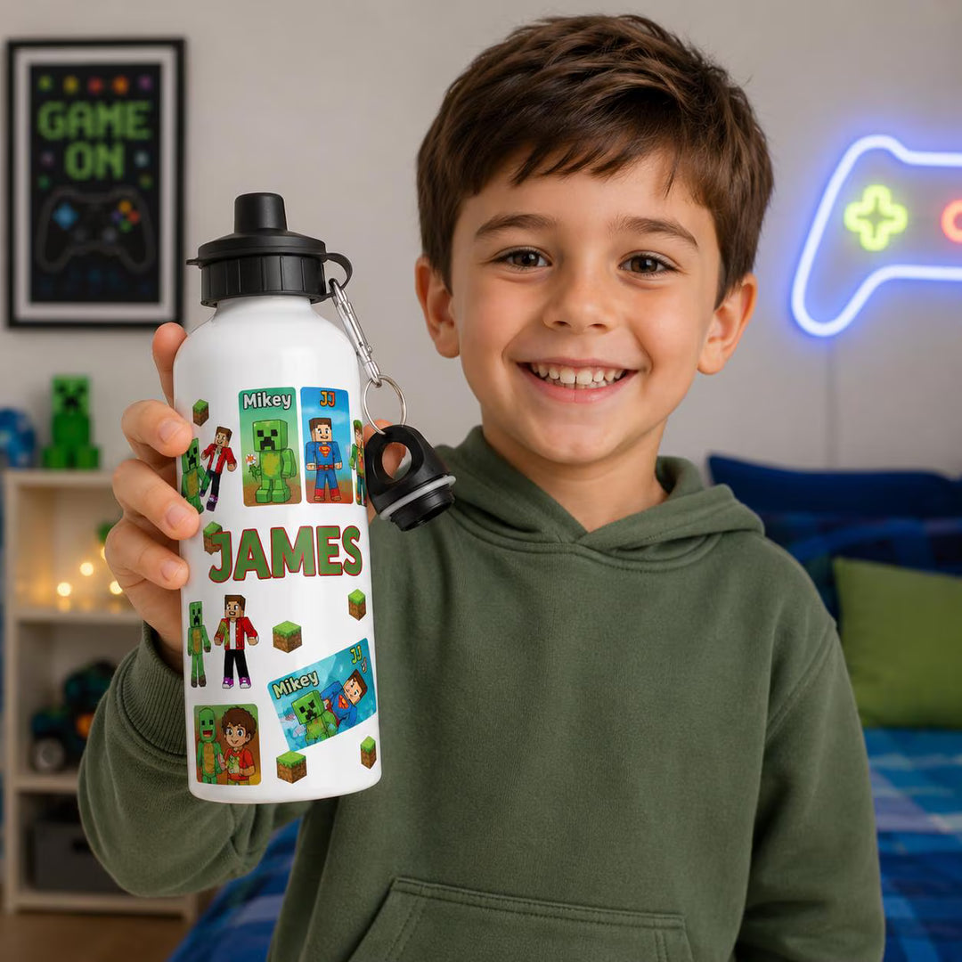 Personalised Mikey & JJ Kids Water Bottle | Custom Gamer Water Bottle | Birthday Gift for Boys | Personalised School Bottle | Adventure Character