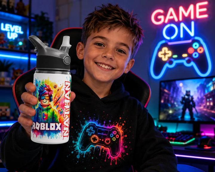 Personalised Gaming Water Bottle | Custom Kids Sports Bottle | Gamer Gift | School Water Bottle | Reusable Drink Bottle | Custom Name Bottle