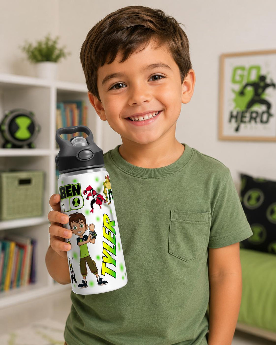 Personalised Alien Hero Water Bottle | Custom Kids Name Bottle | 650ml Reusable School Bottle | Cartoon Superhero Drink Bottle