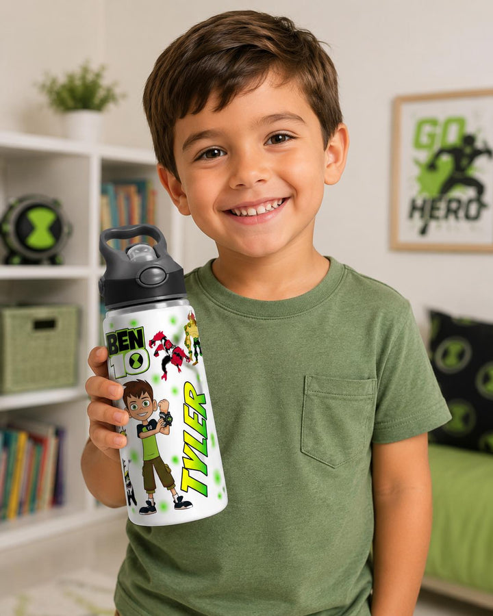 Personalised Alien Hero Water Bottle | Custom Kids Name Bottle | 650ml Reusable School Bottle | Cartoon Superhero Drink Bottle