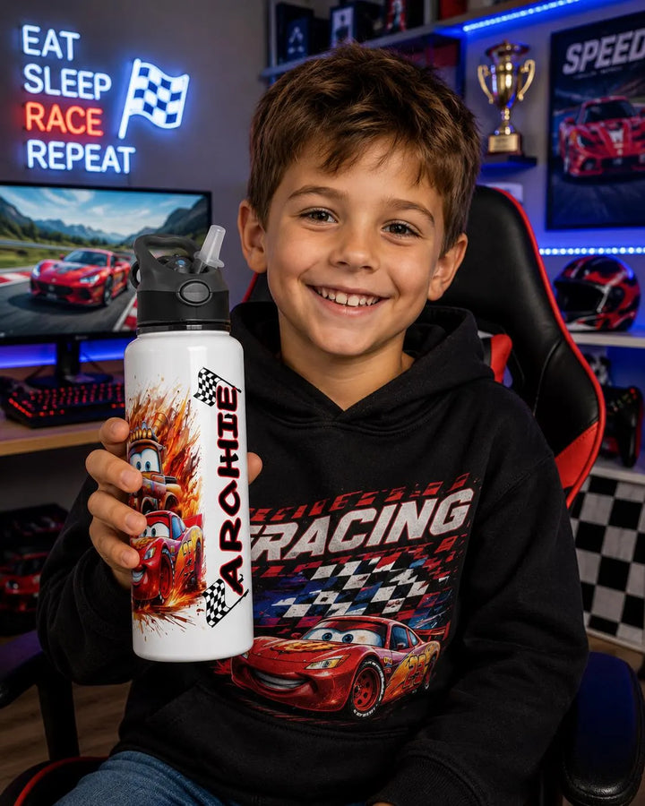 Personalised Kids Water Bottle | Cartoon Racing Car Inspired Bottle | Custom Name Drinks Bottle | School Water Bottle | Gift for Boys