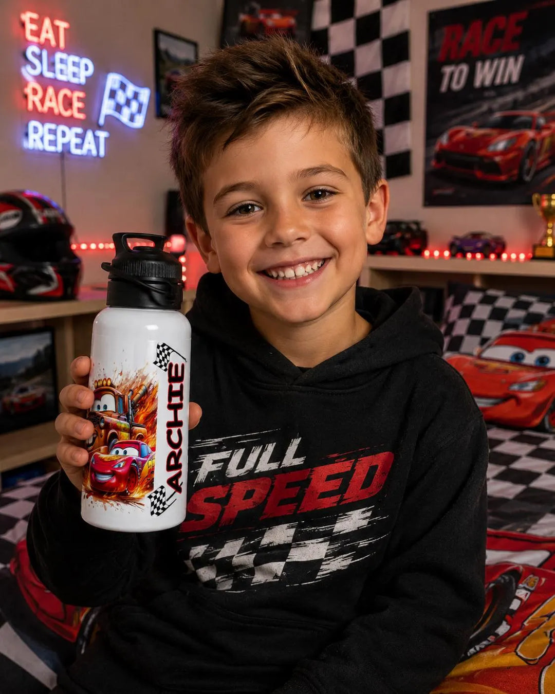 Personalised Kids Water Bottle | Cartoon Racing Car Inspired Bottle | Custom Name Drinks Bottle | School Water Bottle | Gift for Boys