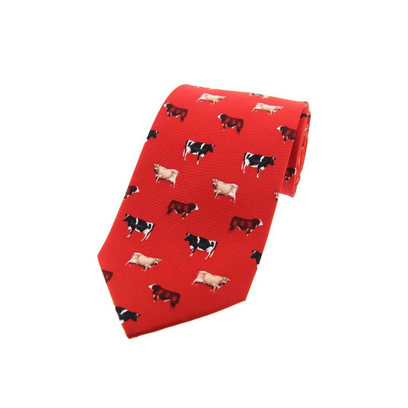 Soprano Cow Breeds On Red Ground Country Silk Tie - Cheshire Game Sax Design