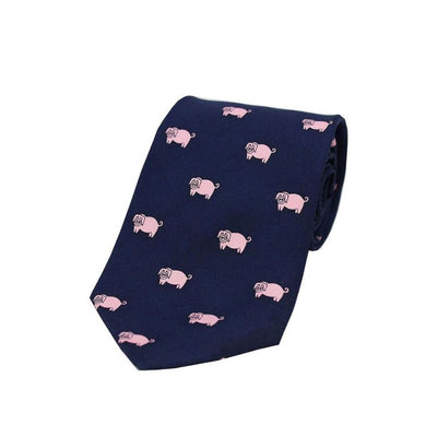 Soprano Pink Pigs On Navy Blue Ground Country Silk Tie - Cheshire Game Sax Design