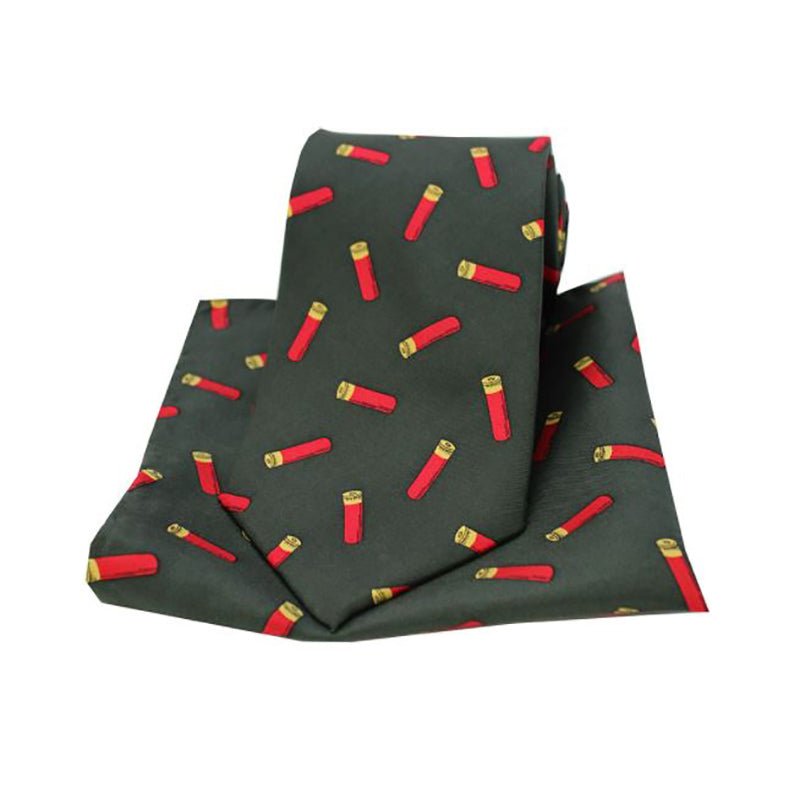 Soprano Shotgun Cartridges on Dark Green Background Country Silk Tie and Matching Pocket Square - Cheshire Game Sax Design