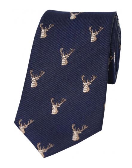 Soprano Stags Heads On Navy Ground Country Silk Tie - Cheshire Game Sax Design