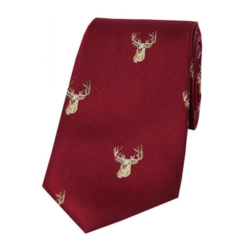 Soprano Stags Heads on Wine Ground Country Silk Tie - Cheshire Game Sax Design